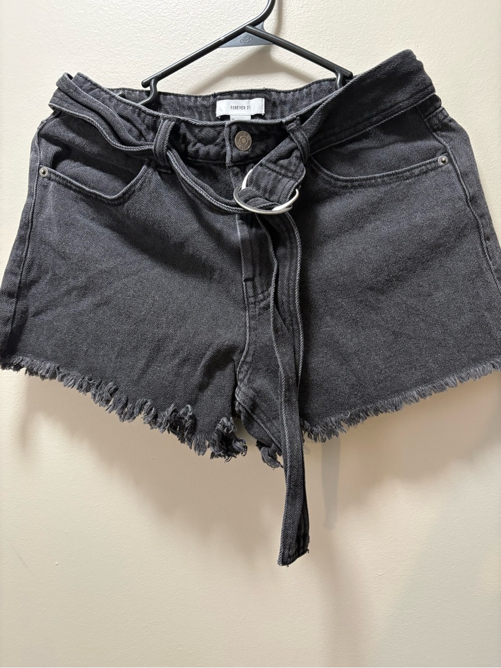 Forever 21 Black High-Rise Frayed Denim Shorts with D-Ring Belt